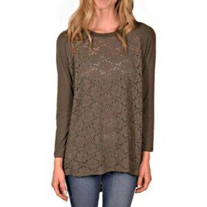 Comfy USA Olive Green Lace Raglan Tunic Top Relaxed Boho Hippie Boxy Artsy M
